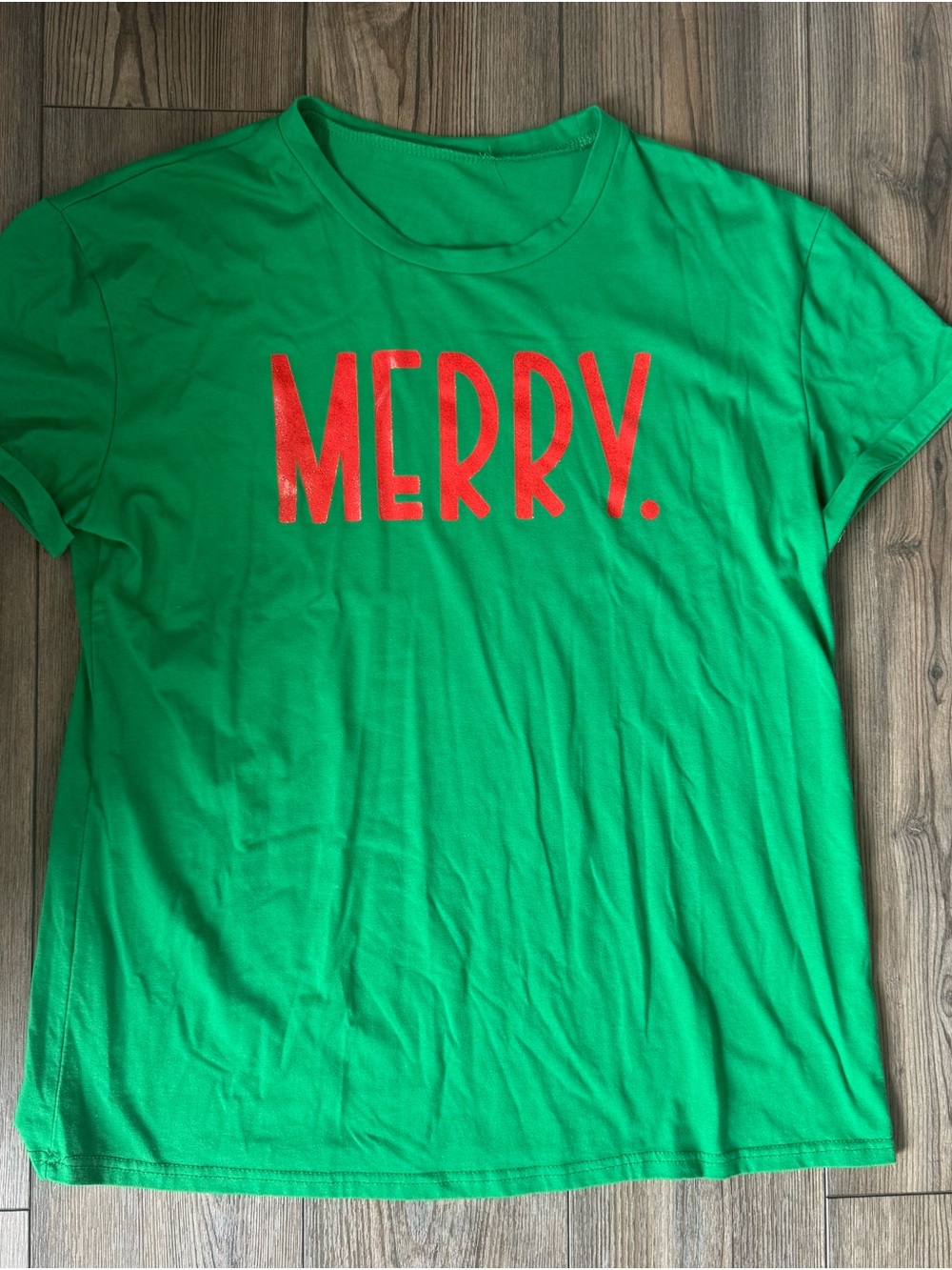 Holiday Green Short Sleeve Tee with Red "MERRY." Text